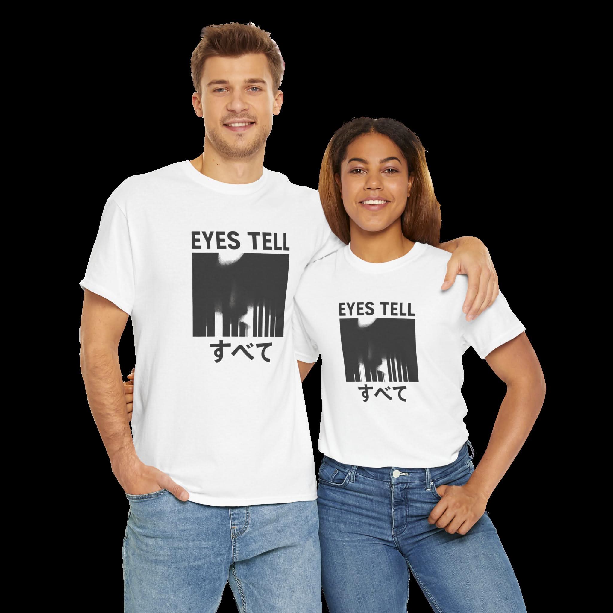 Unisex Heavy Cotton Tee with 'Eyes Tell' Print | Casual Wear, Graphic Shirt, Streetwear, Gift for Him/Her, Trendy Apparel