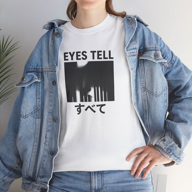 Unisex Heavy Cotton Tee with 'Eyes Tell' Print | Casual Wear, Graphic Shirt, Streetwear, Gift for Him/Her, Trendy Apparel